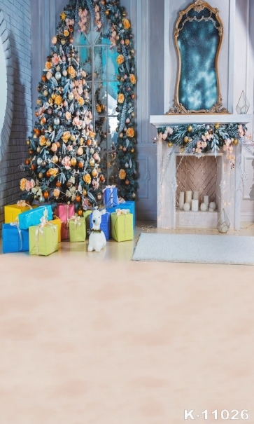 Indoor Living Room Fireplace Christmas Tree Gifts Blue Wall Photo Backdrops