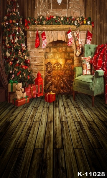 Retro Interior Decoration Fireplace Christmas Tree Gifts Christmas Backdrops for Stage