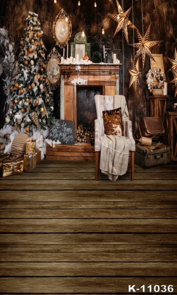 Retro Wood House Indoor Christmas Tree Vinyl Photography Backdrops