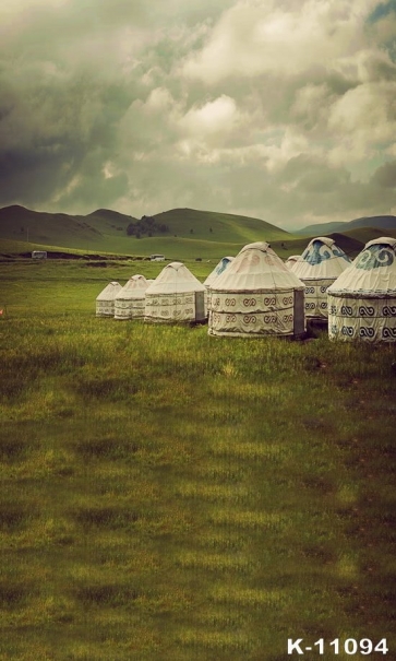 White Mongolian Tents on Green Grassland Scenic Drop Studios Backdrops