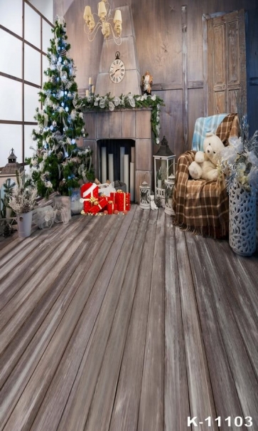 Wood House Indoor Christmas Tree Gifts Vinyl Photo Backdrops