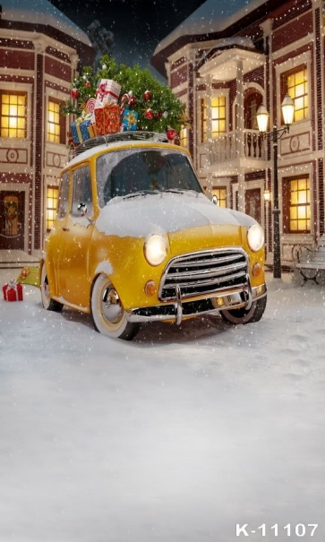 Yellow Car in the Street Carrying Christmas Gifts Vinyl Photo Backdrops