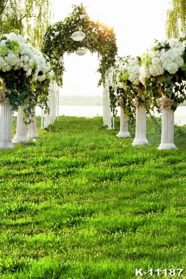 Outdoor Green Ground White Flowers Wedding Picture Vinyl Backdrop