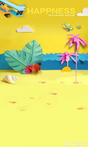 Cartoon Sandy Beach Coconut Tree Yellow Vinyl Photography Backdrops