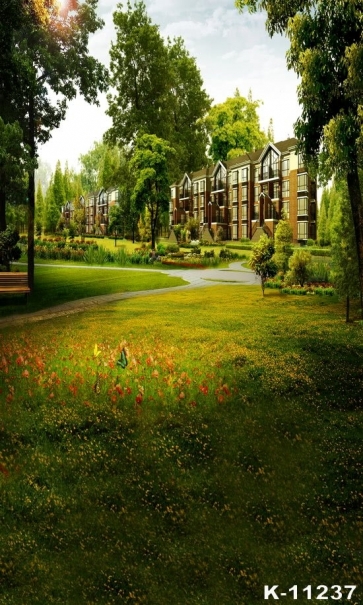 Spring Green Trees Grassland Residential Area Scenic Photography Backdrops