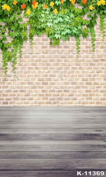 Wooden Floor Green Creeping Plant Plain Brick Wall Backdrops