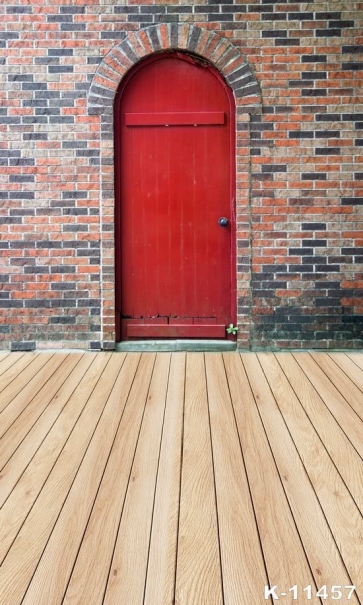 Red Door Brick House Plank Floor Building Vinyl Photo Backdrops