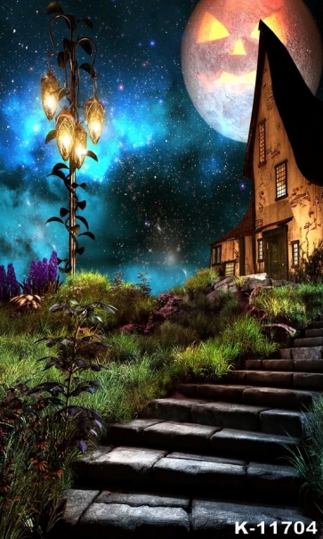 Stone Ladder Pumpkin Moon Shape Halloween Photo Backdrop