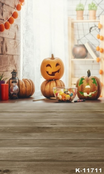 Wooden Floor Candy Pumpkin Themed Halloween Party Backdrops