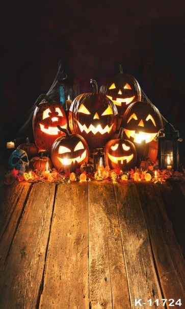 Wooden Floor Pumpkin Themed Halloween Photo Booth Backdrop