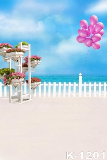 White Fence Pink Balloons Flowers by Seaside Beach Photo Background