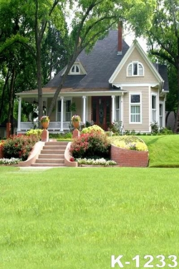 Green Grassland in front of the House Scenic Photo Drop Background