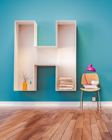 Living Room H Shaped Bookshelf Wood Floor Blue Wall Background Photo Backdrops