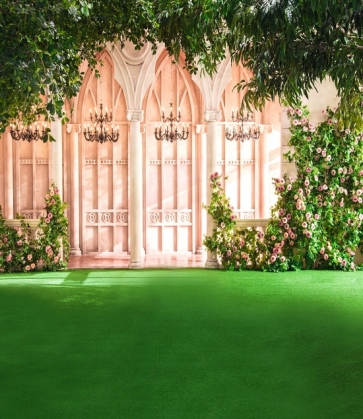 European Architecture Green Grass Flowers Wedding Background Photo Backdrops