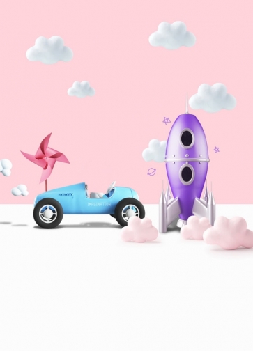 Retro Car Rocket Cloud Windmill Newborn Girl And Boy Baby Shower Backdrop