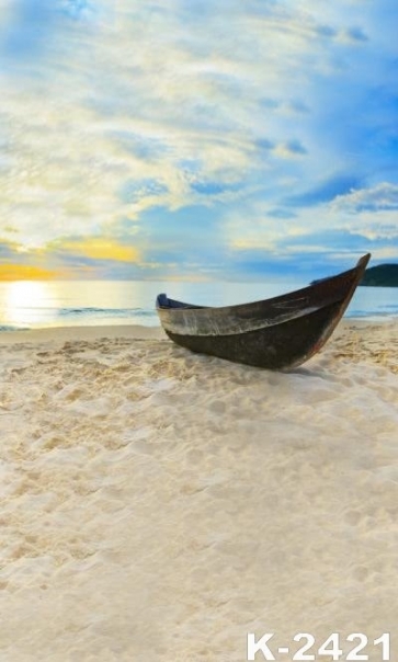 Scenic Clouds Wooden Boat by Seaside Beach Photo Backdrops