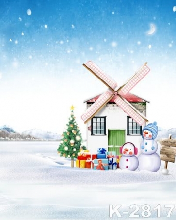 Windmill House Snowman Photo Background For Christmas Photography Backdrops