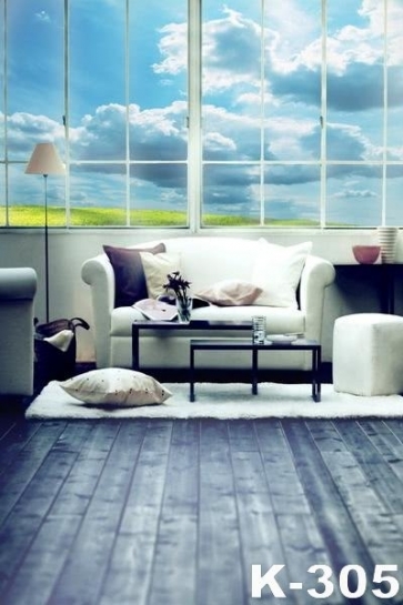 Blue Sky White Cloud Glass Window Wood Floor Sofa Background Indoor Backdrops