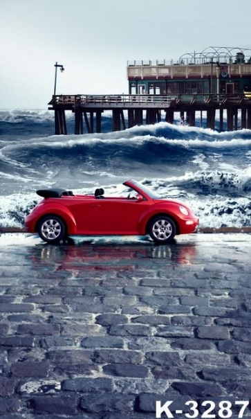 Red Car Parking by Seaside Scenic Background Drops for Photography