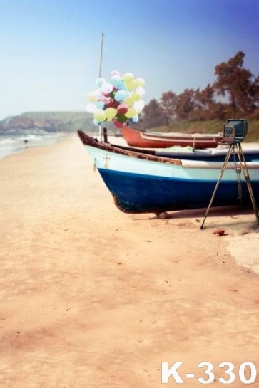 Colorful Balloons Broken Boat on Beach Backdrop