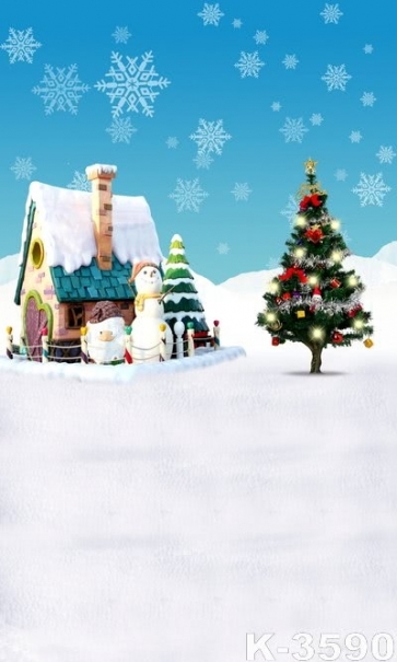 Cartoon Hut Christmas Tree Snowman Vinyl Christmas Photography Photo Backdrops