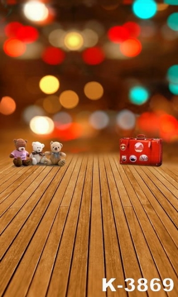 Wooden Floor Red Suitcase Toy Bear Photo Background For Children Photography Backdrops 