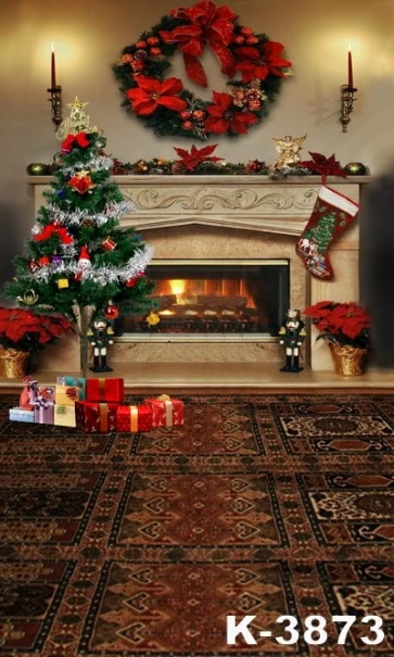 Fireplace Christmas Tree Candlelight Photo Background For Christmas Photography Backdrops