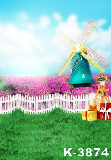 Blue Sky White Clouds Green Grass Flower Windmill kid's Vinyl Backdrops