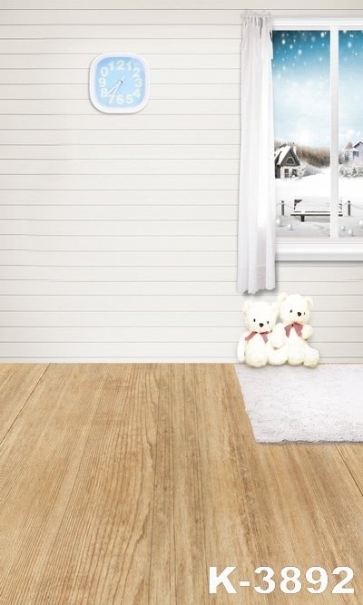 Snowflakes Outside The window Wooden Floor Toy Bear Children Vinyl Backdrops