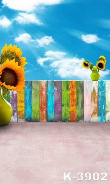 Blue Sky White Cloud Sunflower Wood Fence Kid's Photo Photography Background