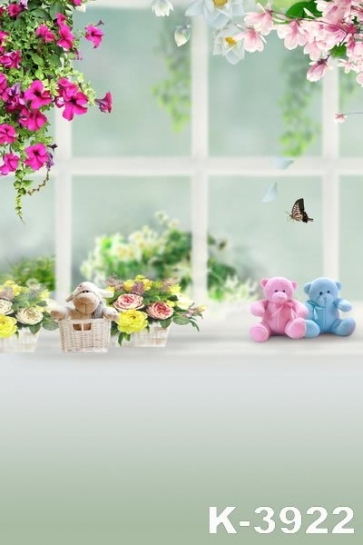 Window Flowers Cute Decoration Bear For Children Vinyl Backdrops