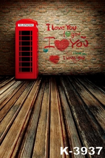 Vintage Red Telephone Booth Wooden Floor Brick Wall Backdrops