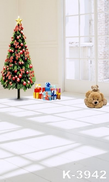  Transparent Glass Window Christmas Tree Toy Bear Vinyl Christmas Photo Backdrops