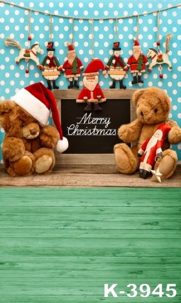  Blue Polka Dot Wood Floor Santa Pendant Toy Bear Christmas Photography Backdrops