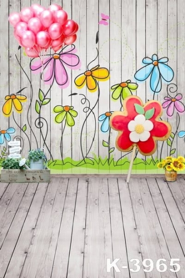 Cartoon Flower Balloon Wooden Wall Floor Children Party Backdrops