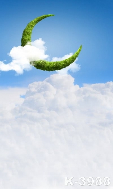 White Thick Clouds Green Crescent Moon Vinyl Photo Backdrops Studio Background