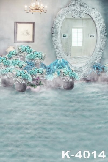 Dreamy Big Mirror Blue Flowers Romantic Wedding Photo Backdrops