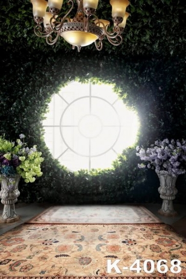 Bright Round Window Green Plants Flowers Studio Wedding Photo Backdrops