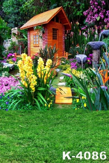Green Grassland Flowers Small Wood House Scenic Camera Backdrops