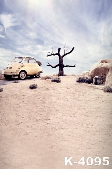Yellow Car on Sandy Gound Withered Tree Scenic Rustic Backdrops for Photography