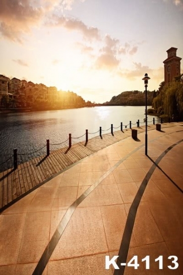 Lakeside Sunset Bell Tower Building Backdrops Vinyl Photography Background