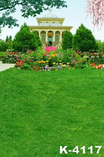 Green Grassland Trees Flowers Outside the Palace Scenic Photographic Backdrops