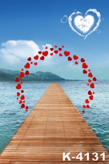 Love Shape Clouds Seawater Wooden Bridge Wedding Backdrops