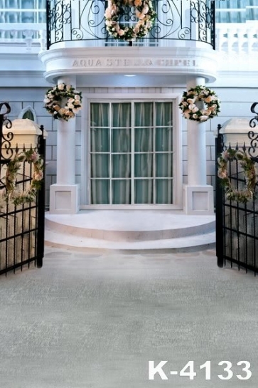 White Villa Iron Gate Flowers Wedding Photo Backdrops Vinyl Background