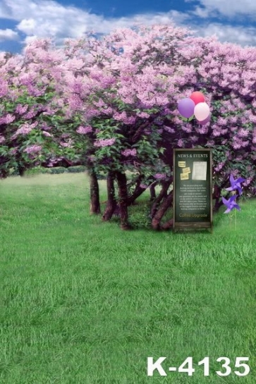 Light Purple Flowers Groves on Green Grassland Garden Backdrop Background