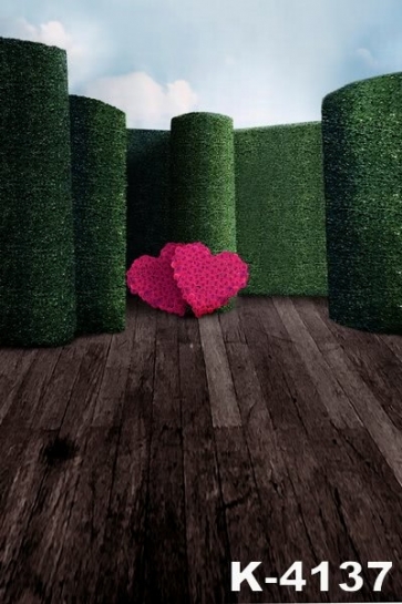 Plank Floor Green Background Heart Shaped Flowers Wedding Vinyl Photography Backdrops