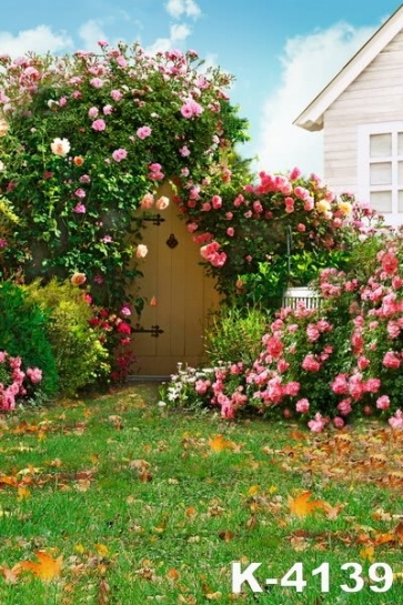 Flowers Green Grass Land Outside the House Scenic Photo Wall Backdrop