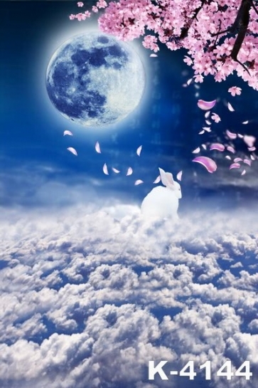 Rabbit in Clouds Round Moon Flowers Scenic Wall Backdrops