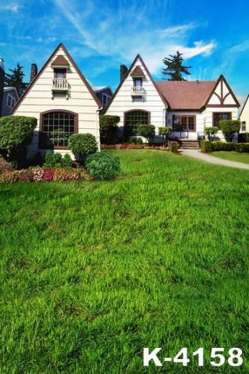 White Apartments Green Grassland Scenic Photography Backgrounds and Props