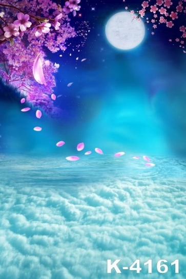 Moon above Seas of Clouds Flowers Scenic Wall Backdrop